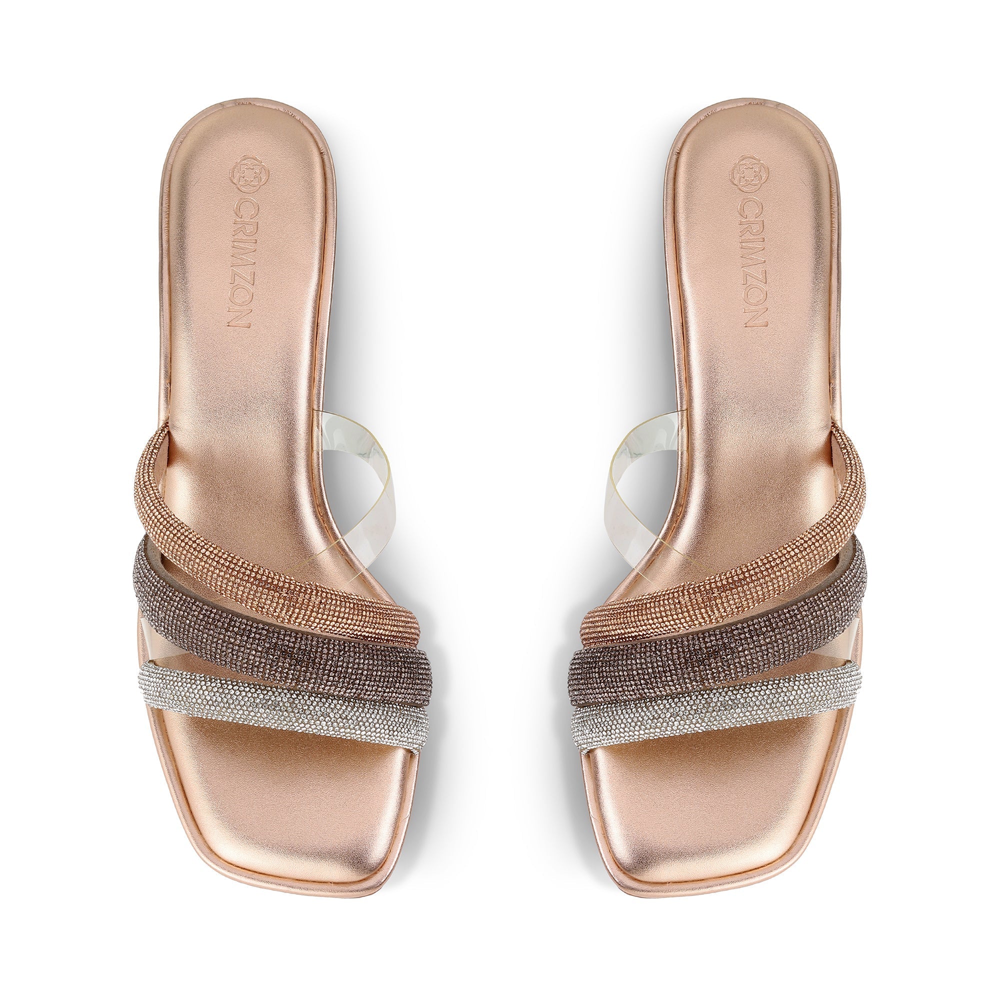 Crimzon - Rose Gold Block Heels Tri-Color Strap Top View Crimzon - Rose Gold Block Heels Tri-Color Strap Top View