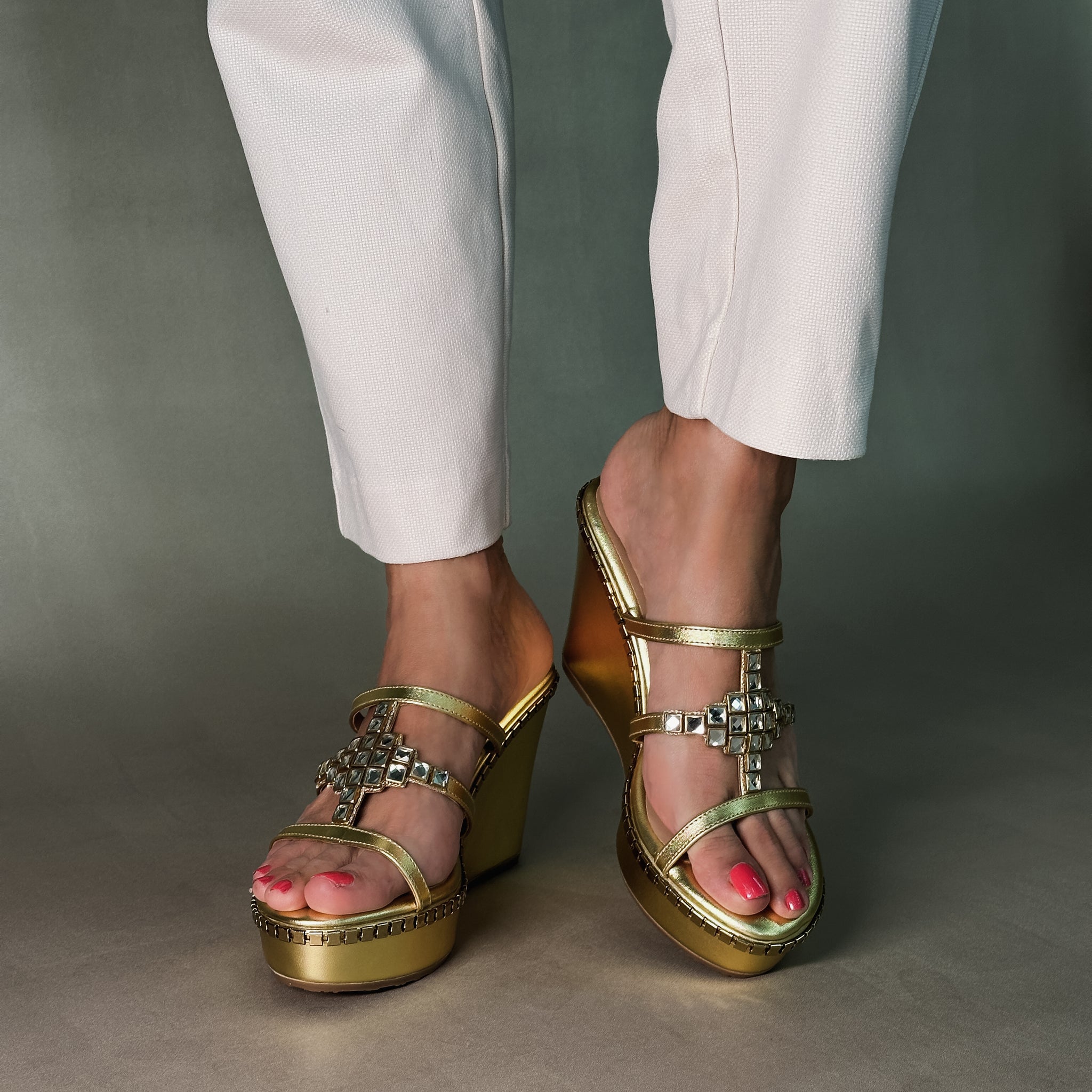 Strappy Wedges Gold Rhinestone Wedges AMANI- GOLD WEDGES – Crimzon