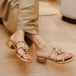 Crimzon - Fiona Bronze Block Heels with crystal flower