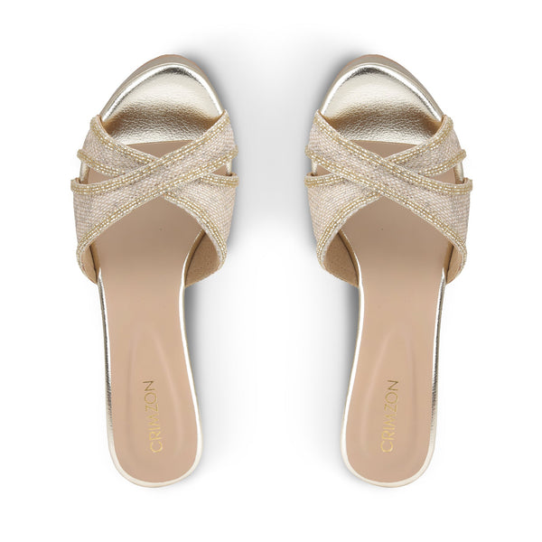 Crimzon - Gold Wedge Sandals with Pearl Lace